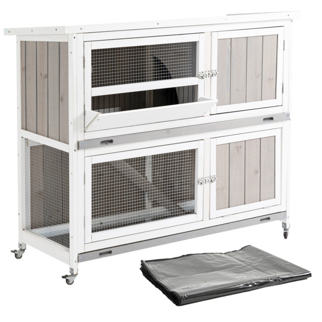 PawHut Wooden Rabbit Hutch Two-Tier Guinea Pig Cage Elevated Multi-Door Pet House Bunny Cage w/ Rain Cover, Wheels, Slide-Out Tray, Grey - Aosom UK - image 1