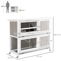 PawHut Wooden Rabbit Hutch Two-Tier Guinea Pig Cage Elevated Multi-Door Pet House Bunny Cage w/ Rain Cover, Wheels, Slide-Out Tray, Grey - Aosom UK - thumbnail 3