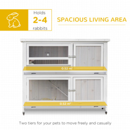 PawHut Wooden Rabbit Hutch Two-Tier Guinea Pig Cage Elevated Multi-Door Pet House Bunny Cage w/ Rain Cover, Wheels, Slide-Out Tray, Grey - Aosom UK - thumbnail 4