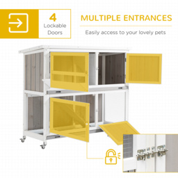 PawHut Wooden Rabbit Hutch Two-Tier Guinea Pig Cage Elevated Multi-Door Pet House Bunny Cage w/ Rain Cover, Wheels, Slide-Out Tray, Grey - Aosom UK - thumbnail 6