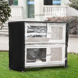 PawHut Wooden Rabbit Hutch Two-Tier Guinea Pig Cage Elevated Multi-Door Pet House Bunny Cage w/ Rain Cover, Wheels, Slide-Out Tray, Grey - Aosom UK - thumbnail 2