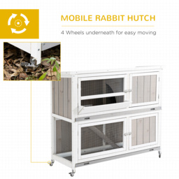 PawHut Wooden Rabbit Hutch Two-Tier Guinea Pig Cage Elevated Multi-Door Pet House Bunny Cage w/ Rain Cover, Wheels, Slide-Out Tray, Grey - Aosom UK - thumbnail 8