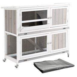 PawHut Wooden Rabbit Hutch Two-Tier Guinea Pig Cage Elevated Multi-Door Pet House Bunny Cage w/ Rain Cover, Wheels, Slide-Out Tray, Grey - Aosom UK