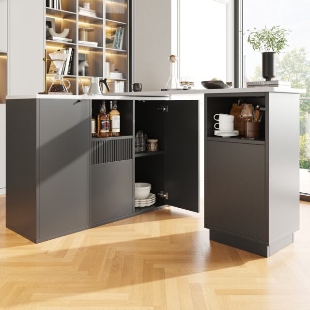 Kitchen Island with Marble-Effect Worktop, Storage Compartments, 360° Swivel Bar Table for Kitchen/Living Room, 198.5x30x72.5 cm, Black - Aosom UK - image 1