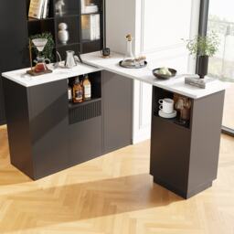 Kitchen Island with Marble-Effect Worktop, Storage Compartments, 360° Swivel Bar Table for Kitchen/Living Room, 198.5x30x72.5 cm, Black - Aosom UK - thumbnail 9
