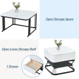 Nesting Coffee Table Set with Open Storage Shelf, Space-Saving Center Table Set with MDF Tops, 70L x 70W x 45H cm, White+Black - Aosom UK - thumbnail 5