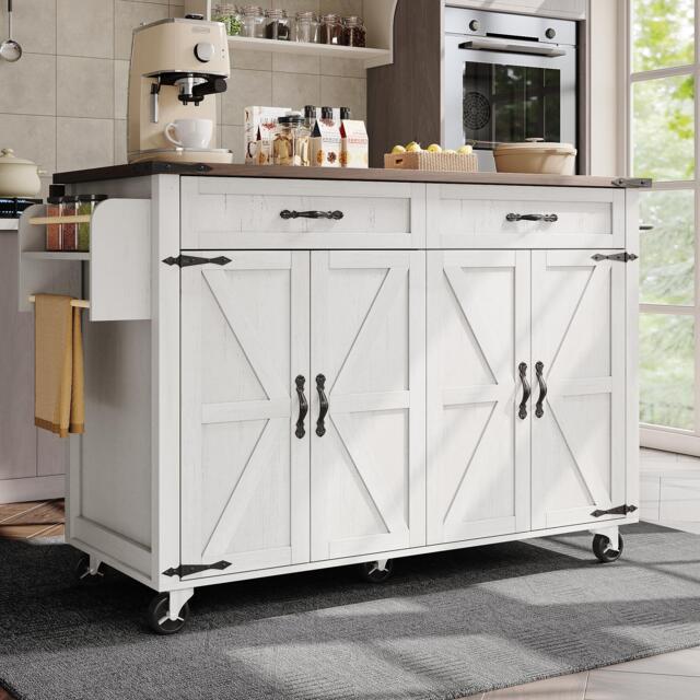 Farmhouse Style Kitchen Island Trolley with Adjustable Shelf, Easy Assembly, Perfect for Kitchen, Living Room, 140L x 73W x 90.5H cm, White - Aosom.UK - image 1