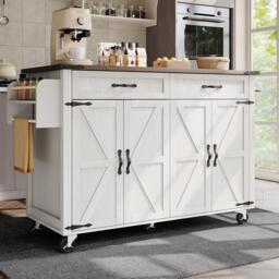 Farmhouse Style Kitchen Island Trolley with Adjustable Shelf, Easy Assembly, Perfect for Kitchen, Living Room, 140L x 73W x 90.5H cm, White - Aosom.UK