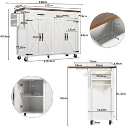 Farmhouse Style Kitchen Island Trolley with Adjustable Shelf, Easy Assembly, Perfect for Kitchen, Living Room, 140L x 73W x 90.5H cm, White - Aosom.UK - thumbnail 3
