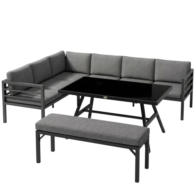 Outsunny 4 Piece L-shaped Garden Furniture Set 8-Seater Aluminium Outdoor Dining Set Conversation Sofa Set w/ Bench, Dining Table & Cushions, Grey - image 1
