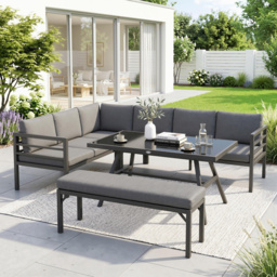 Outsunny 4 Piece L-shaped Garden Furniture Set 8-Seater Aluminium Outdoor Dining Set Conversation Sofa Set w/ Bench, Dining Table & Cushions, Grey - thumbnail 2