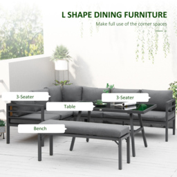 Outsunny 4 Piece L-shaped Garden Furniture Set 8-Seater Aluminium Outdoor Dining Set Conversation Sofa Set w/ Bench, Dining Table & Cushions, Grey - thumbnail 4