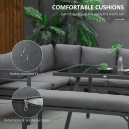 Outsunny 4 Piece L-shaped Garden Furniture Set 8-Seater Aluminium Outdoor Dining Set Conversation Sofa Set w/ Bench, Dining Table & Cushions, Grey - thumbnail 5