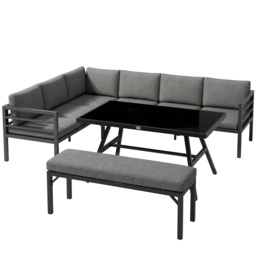 Outsunny 4 Piece L-shaped Garden Furniture Set 8-Seater Aluminium Outdoor Dining Set Conversation Sofa Set w/ Bench, Dining Table & Cushions, Grey - thumbnail 1