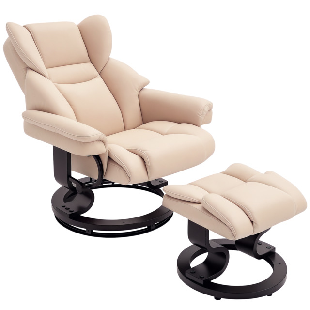 HOMCOM Reclining Swivel Armchair & Footstool Set, Manual PU Leather Relax Chair with Bentwood Base, Cream - Aosom UK - image 1