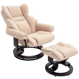 HOMCOM Reclining Swivel Armchair & Footstool Set, Manual PU Leather Relax Chair with Bentwood Base, Cream - Aosom UK - thumbnail 1