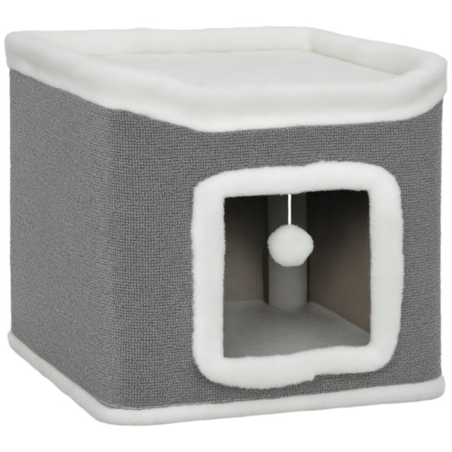PawHut Cat House for Indoor Kittens, 2-Level Cat Cave Bed with Fluffy Balls, Top Bed, Kitten Barrel for Multi Kitties, Grey - image 1