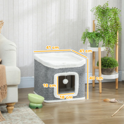 PawHut Cat House for Indoor Kittens, 2-Level Cat Cave Bed with Fluffy Balls, Top Bed, Kitten Barrel for Multi Kitties, Grey - thumbnail 3