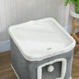 PawHut Cat House for Indoor Kittens, 2-Level Cat Cave Bed with Fluffy Balls, Top Bed, Kitten Barrel for Multi Kitties, Grey - thumbnail 8