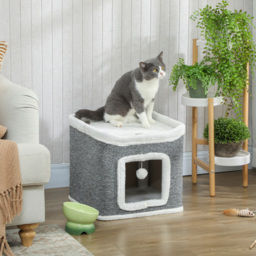 PawHut Cat House for Indoor Kittens, 2-Level Cat Cave Bed with Fluffy Balls, Top Bed, Kitten Barrel for Multi Kitties, Grey - thumbnail 2