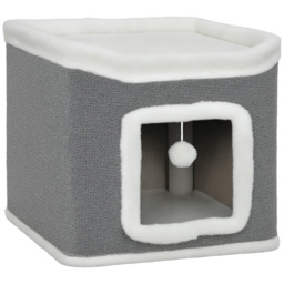 PawHut Cat House for Indoor Kittens, 2-Level Cat Cave Bed with Fluffy Balls, Top Bed, Kitten Barrel for Multi Kitties, Grey - thumbnail 1