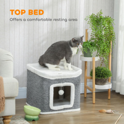 PawHut Cat House for Indoor Kittens, 2-Level Cat Cave Bed with Fluffy Balls, Top Bed, Kitten Barrel for Multi Kitties, Grey - thumbnail 6
