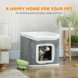 PawHut Cat House for Indoor Kittens, 2-Level Cat Cave Bed with Fluffy Balls, Top Bed, Kitten Barrel for Multi Kitties, Grey - thumbnail 4