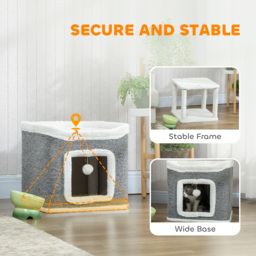 PawHut Cat House for Indoor Kittens, 2-Level Cat Cave Bed with Fluffy Balls, Top Bed, Kitten Barrel for Multi Kitties, Grey - thumbnail 7