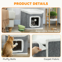 PawHut Cat House for Indoor Kittens, 2-Level Cat Cave Bed with Fluffy Balls, Top Bed, Kitten Barrel for Multi Kitties, Grey - thumbnail 5