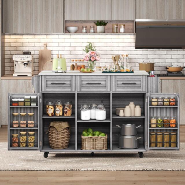 Stylish Kitchen Trolley with Foldable Wood-Grain Countertop, Versatile Buffet with Interchangeable Wheels, 139L x 46W x 91H cm, Gray - Aosom UK - image 1