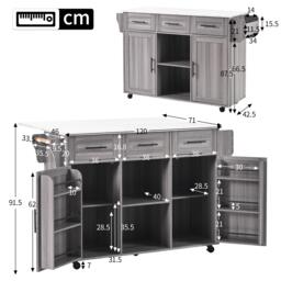 Stylish Kitchen Trolley with Foldable Wood-Grain Countertop, Versatile Buffet with Interchangeable Wheels, 139L x 46W x 91H cm, Gray - Aosom UK - thumbnail 3