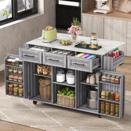 Stylish Kitchen Trolley with Foldable Wood-Grain Countertop, Versatile Buffet with Interchangeable Wheels, 139L x 46W x 91H cm, Gray - Aosom UK - thumbnail 9
