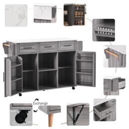 Stylish Kitchen Trolley with Foldable Wood-Grain Countertop, Versatile Buffet with Interchangeable Wheels, 139L x 46W x 91H cm, Gray - Aosom UK - thumbnail 8