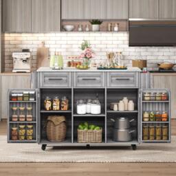 Stylish Kitchen Trolley with Foldable Wood-Grain Countertop, Versatile Buffet with Interchangeable Wheels, 139L x 46W x 91H cm, Gray - Aosom UK