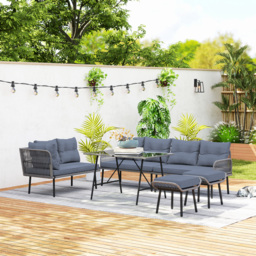 Outsunny 6 Piece Rattan Garden Furniture Set, 8 Seater Garden Corner Sofa with Cushions and Glass Top Table, Sectional Outdoor Furniture Conservatory Set for Patio, Charcoal Grey - thumbnail 9