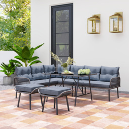 Outsunny 6 Piece Rattan Garden Furniture Set, 8 Seater Garden Corner Sofa with Cushions and Glass Top Table, Sectional Outdoor Furniture Conservatory Set for Patio, Charcoal Grey - thumbnail 2