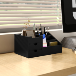 HOMCOM Desk Organiser Holder, Bamboo Multi-Function Storage Caddy with 7 Storage Compartments and 2 Drawers for Home Office Stationary Supplies, Black - thumbnail 2