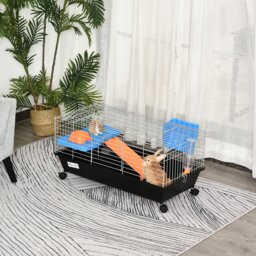 PawHut Steel Small 2-Tier Small Guinea Pigs Hutches w/ Accessories Blue/Orange - Aosom UK - thumbnail 2