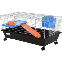 PawHut Steel Small 2-Tier Small Guinea Pigs Hutches w/ Accessories Blue/Orange - Aosom UK