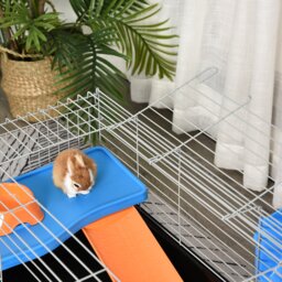 PawHut Steel Small 2-Tier Small Guinea Pigs Hutches w/ Accessories Blue/Orange - Aosom UK - thumbnail 4