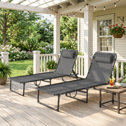 Outsunny Folding Sun Loungers: Dual Beach Recliners, 4-Position Adjustable, Grey - Aosom UK - thumbnail 2