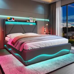 Functional Bed with Additional Under-Bed Storage, Bed Frame with Wavy LED Side Lighting and USB Ports, 143L x 211W x 115.5H cm, Dark Gray - Aosom UK