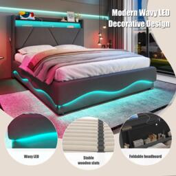 Functional Bed with Additional Under-Bed Storage, Bed Frame with Wavy LED Side Lighting and USB Ports, 143L x 211W x 115.5H cm, Dark Gray - Aosom UK - thumbnail 4