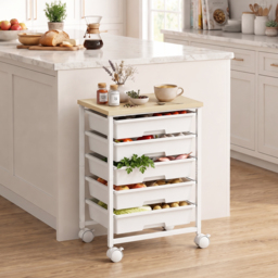 HOMCOM 6-Tier Storage Trolley on Wheels, Metal Kitchen Rolling Cart with 5 Pull-Out Drawers, White - thumbnail 2