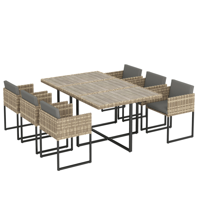 Outsunny 7 Piece Rattan Garden Furniture Set, Garden Dining Set with Wood-Plastic Table and 6 Stackable Chairs, Light Brown - image 1