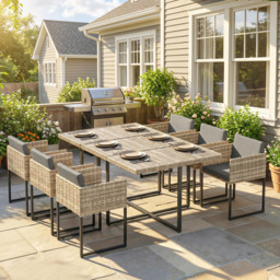 Outsunny 7 Piece Rattan Garden Furniture Set, Garden Dining Set with Wood-Plastic Table and 6 Stackable Chairs, Light Brown - thumbnail 2