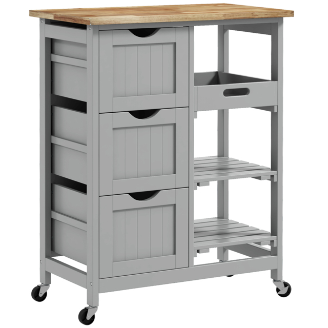 HOMCOM Rolling Kitchen Island Cart, Bar Serving Cart, Compact Trolley on Wheels with Wood Top, Shelves & Drawers, Grey - image 1