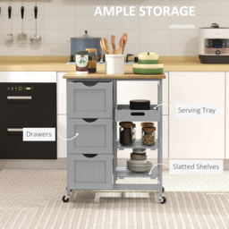 HOMCOM Rolling Kitchen Island Cart, Bar Serving Cart, Compact Trolley on Wheels with Wood Top, Shelves & Drawers, Grey - thumbnail 4