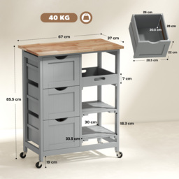 HOMCOM Rolling Kitchen Island Cart, Bar Serving Cart, Compact Trolley on Wheels with Wood Top, Shelves & Drawers, Grey - thumbnail 3