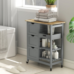 HOMCOM Rolling Kitchen Island Cart, Bar Serving Cart, Compact Trolley on Wheels with Wood Top, Shelves & Drawers, Grey - thumbnail 9